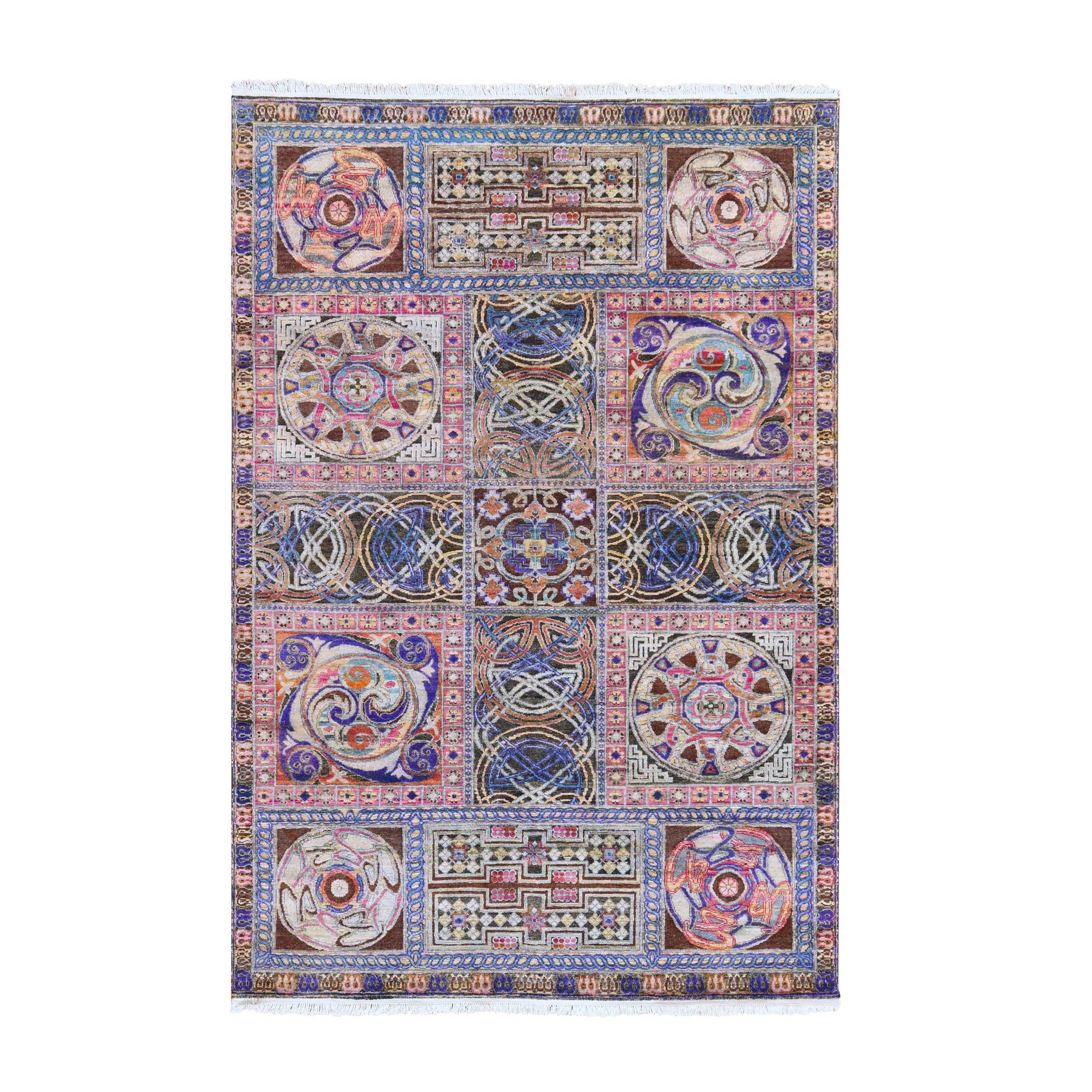 6'1"x9' Chocolate Brown, Pure Silk, Arts and Crafts Block Design, Hand Knotted, Oriental Rug 
